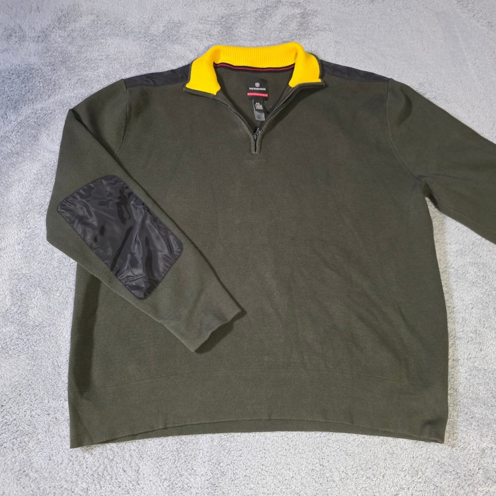 Victorinox Mens XXL Quarter Zip Pullover Green Yellow Nylon Elbow Patch Sweater